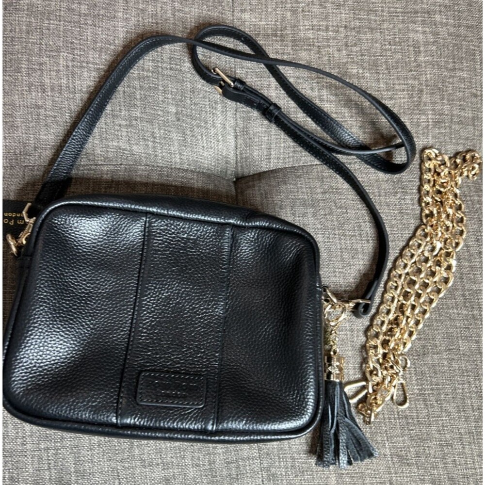 Pom Pom London Crossbody Bag Black Extra Shoulder Chain Strap "TJ"
